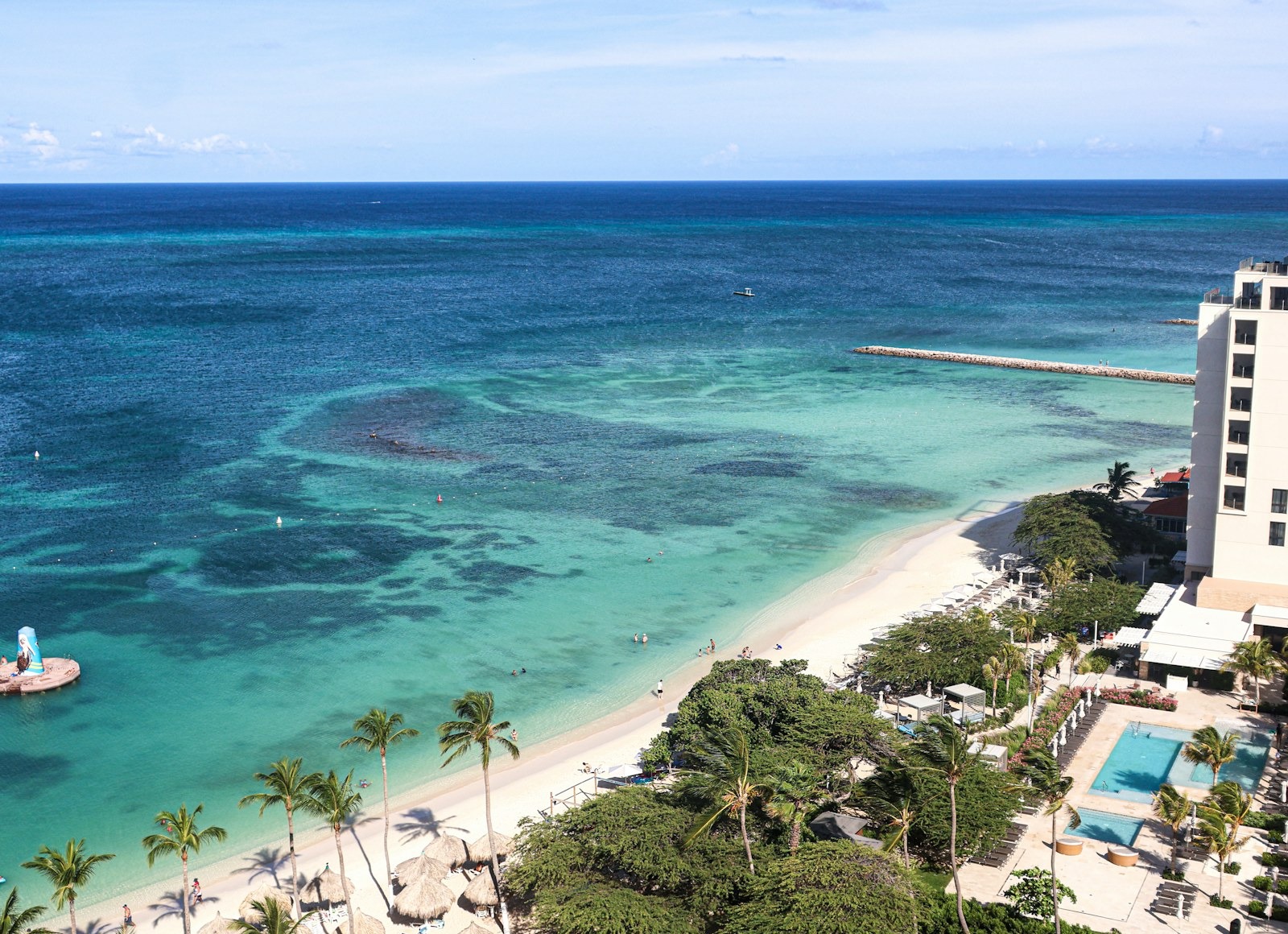 A turquoise resort beach with palm trees and a white-sand shoreline